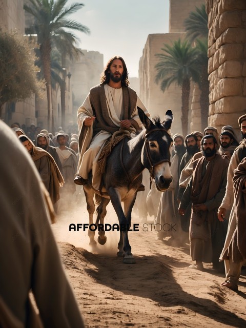 Jesus riding a donkey through a crowd of people