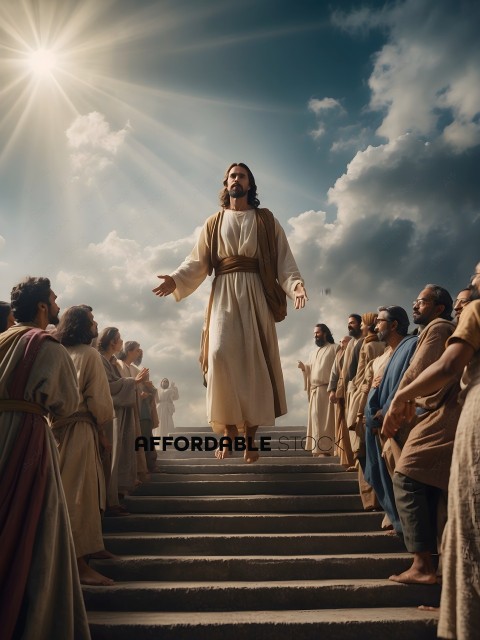 Jesus Walking on Steps with People