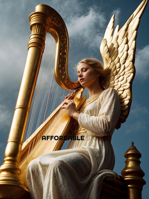 A woman in a white dress plays a harp