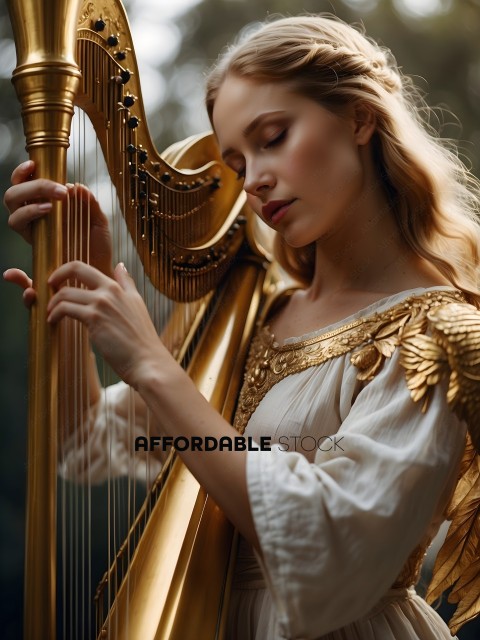 A woman playing a harp