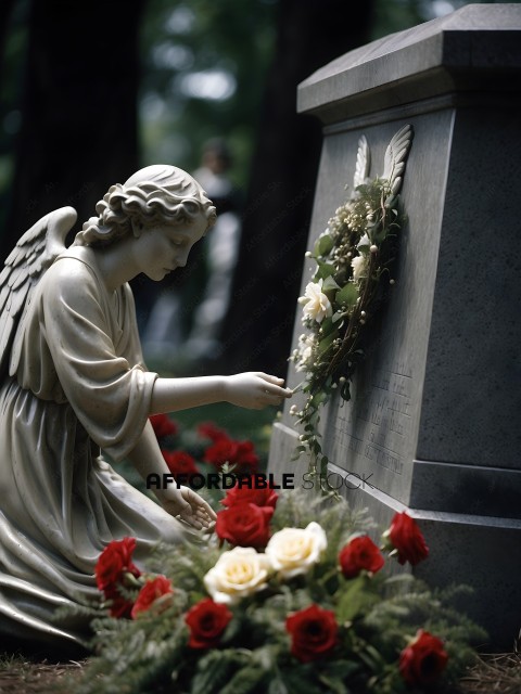 A statue of an angel touching a flower arrangement