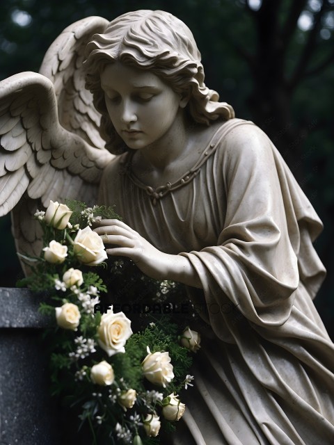 A statue of an angel holding flowers