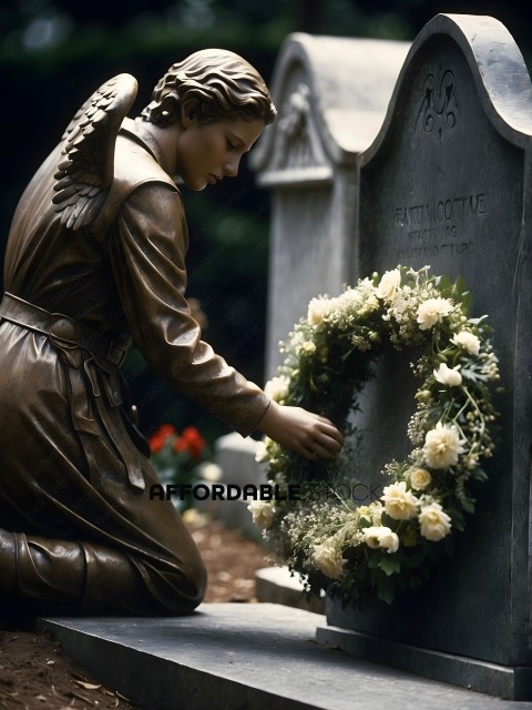 A statue of an angel touching a wreath