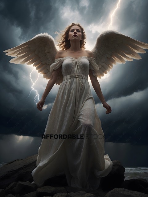 A woman in a white dress with wings stands in front of a stormy sky