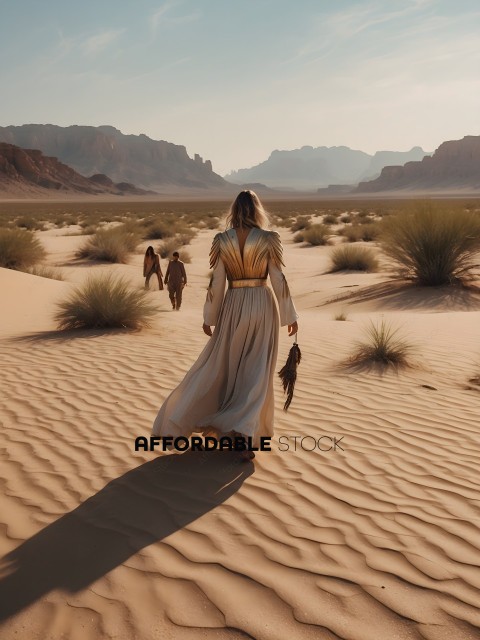 A woman in a long white dress walks through a desert