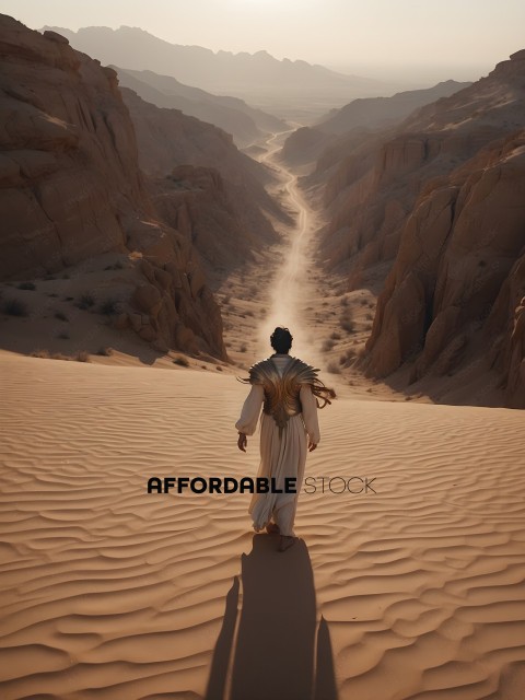 A man in a white robe walks through a desert