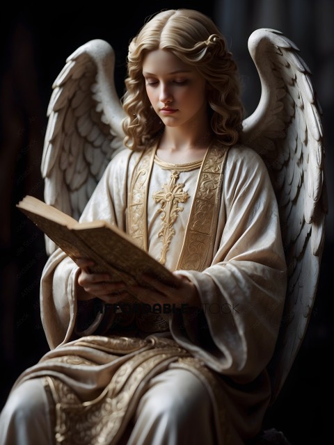 A statue of an angel reading a book