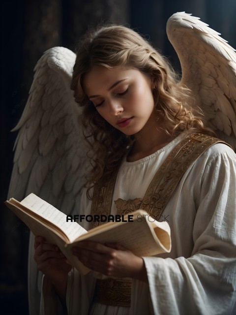 An angelic figure reads a book