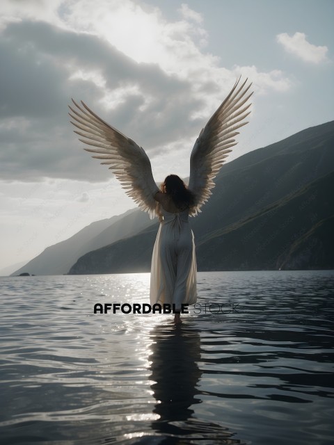Woman in white dress with wings standing in water