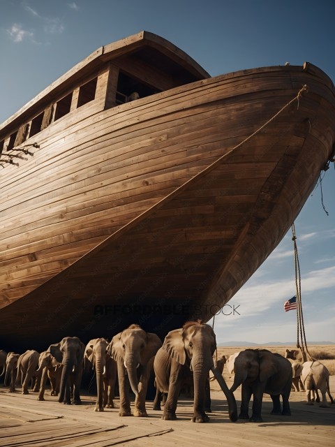 A herd of elephants standing in front of a large wooden boat