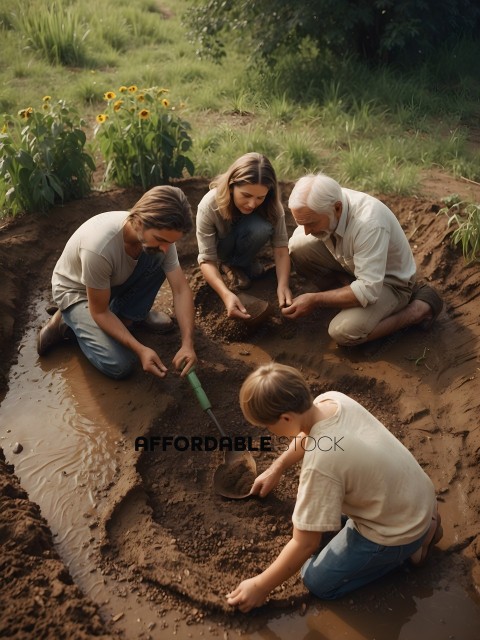Four people digging in the dirt