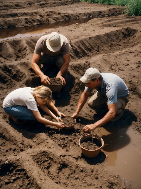 Three people digging in the dirt
