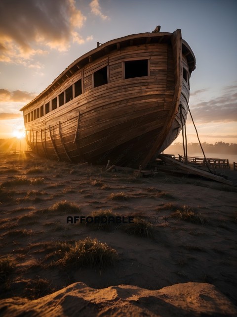 A large wooden boat on the beach