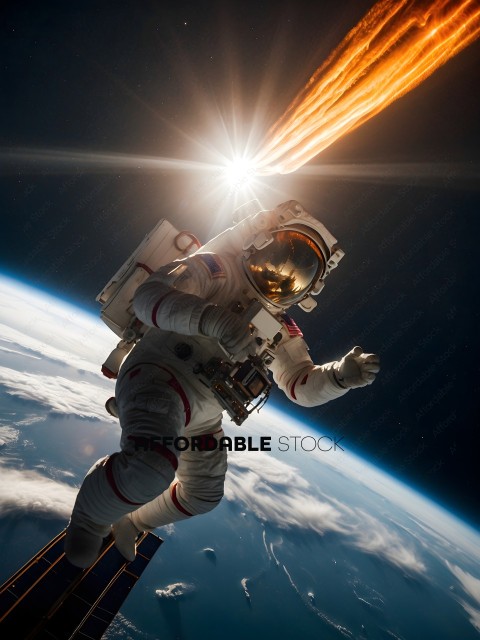 Astronaut in Space Suit Flying Above Earth