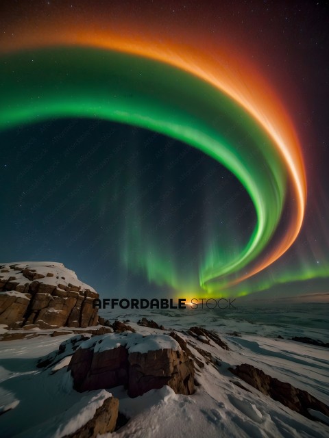A beautiful view of the Aurora Borealis with a rock formation in the foreground
