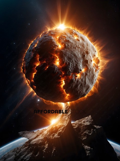 A fiery ball of fire is shown with a rock in the foreground