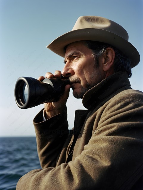 Man wearing a hat and holding a telescope
