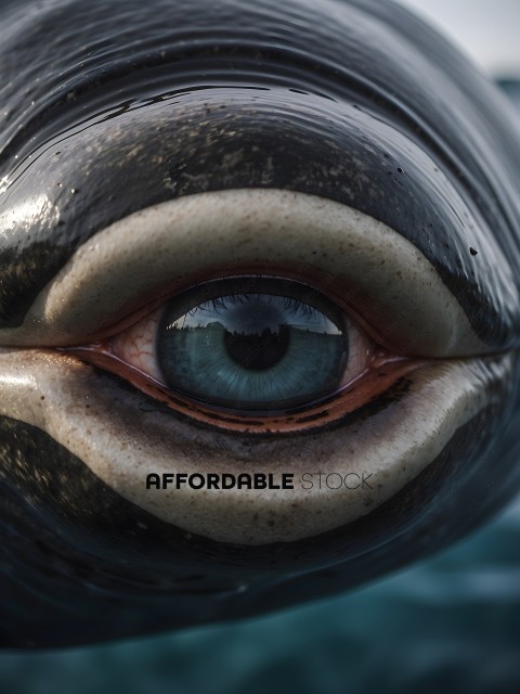 A close up of a whale's eye with a blue iris