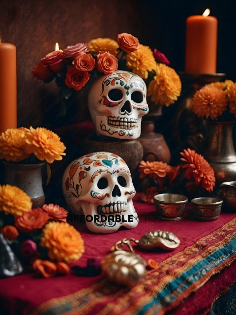 A table with a red cloth and a skull decoration