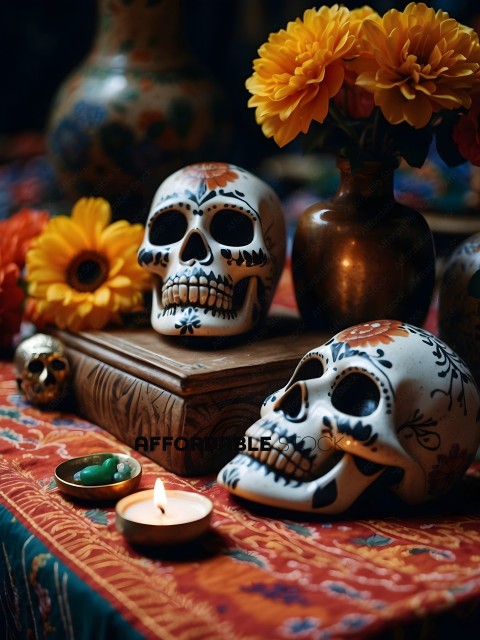 A table with a box, flowers, and two skulls