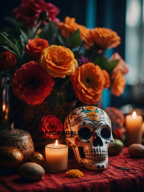 A table with a skull, flowers, and candles