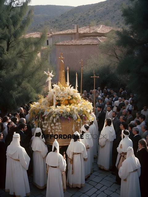 Religious procession with a large flower arrangement