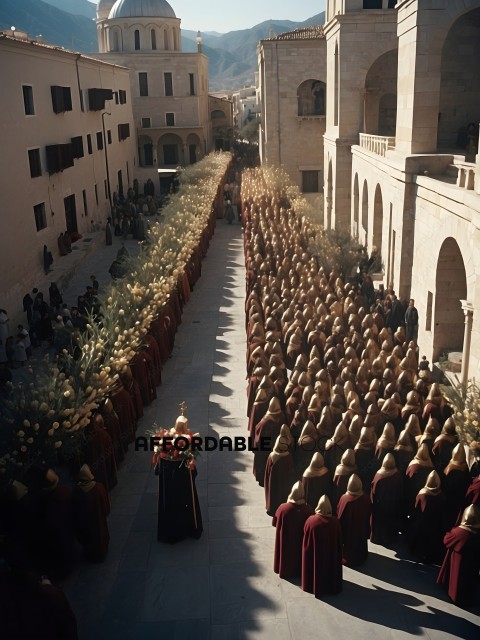 A large crowd of people in red robes are lined up in a long line