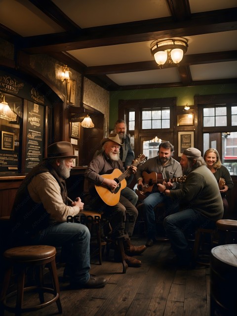 A group of men playing guitars in a bar