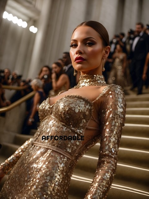 A woman in a gold sequined dress stands on a staircase