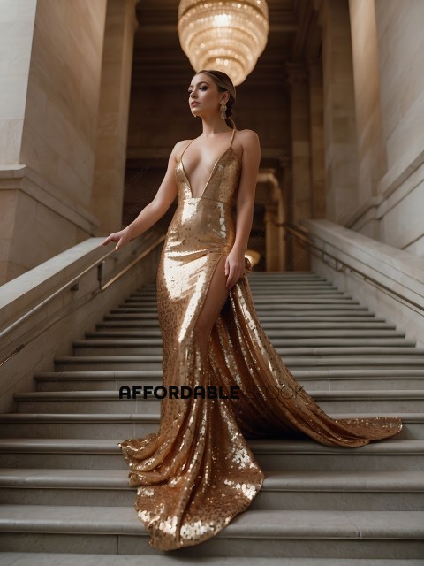 A woman in a gold dress is standing on a staircase