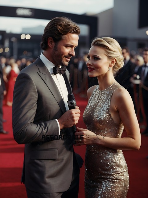 A man and woman in formal attire are on a red carpet
