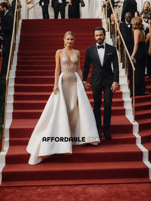 A man and woman in formal wear walking down a red carpet