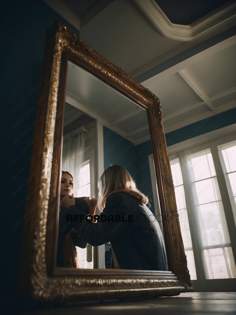 A woman in a mirror adjusts her scarf