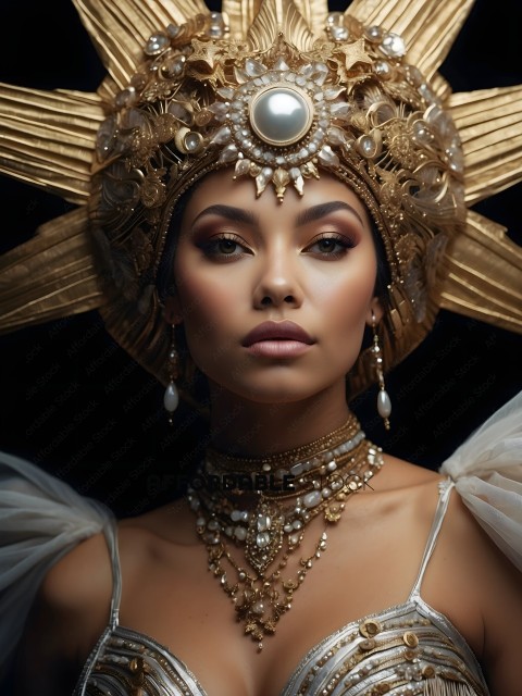 A woman wearing a gold headpiece with pearls