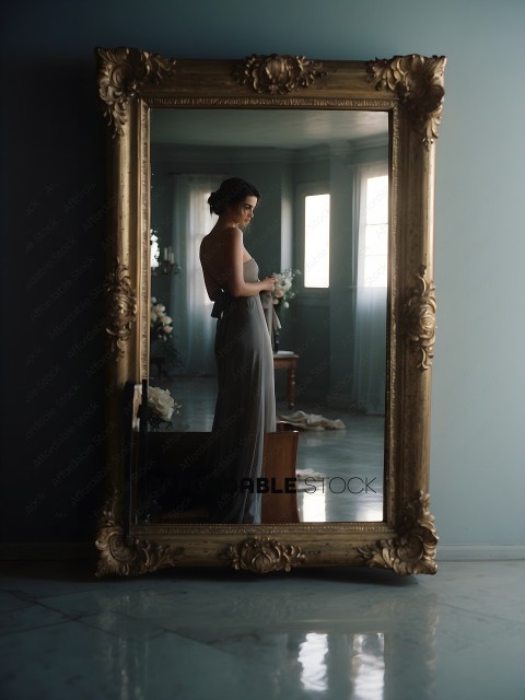 A woman in a long dress standing in front of a mirror