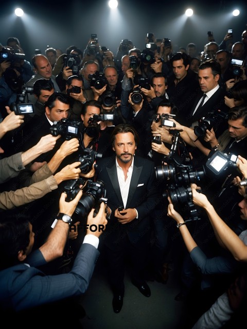 Man in Tuxedo in the Center of a Crowd of Photographers