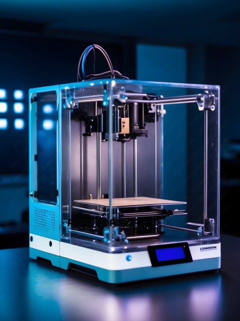 A 3D printer with a blue light background