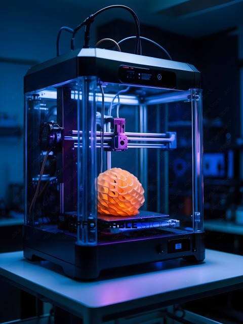 A 3D printer with a bright orange object on it