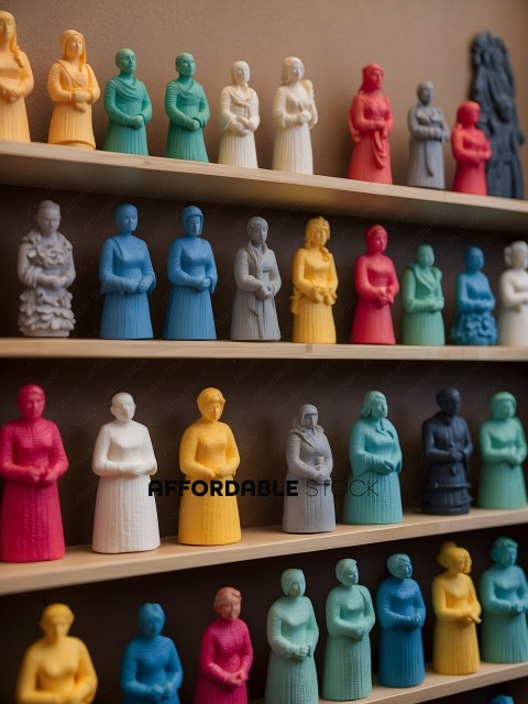 Dolls of different colors on a shelf
