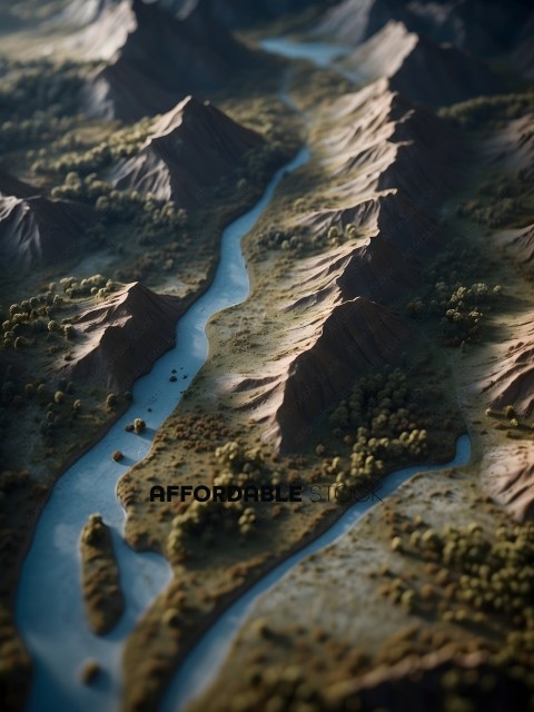 A model of a river with mountains and trees