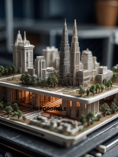 A model of a city with a train station and a skyscraper