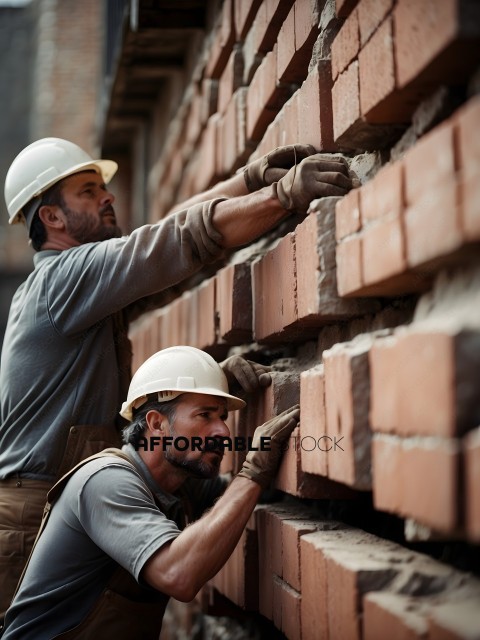 Two men working on a brick wall