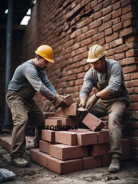 Two men working with bricks
