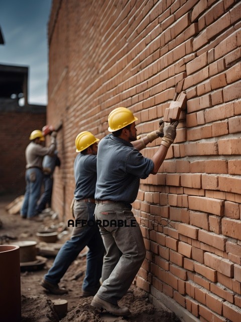 Construction workers working on a brick wall
