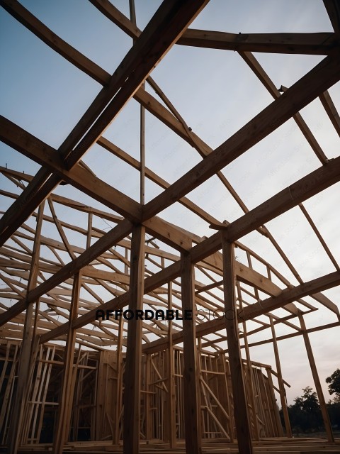 A view of a building under construction with wooden beams