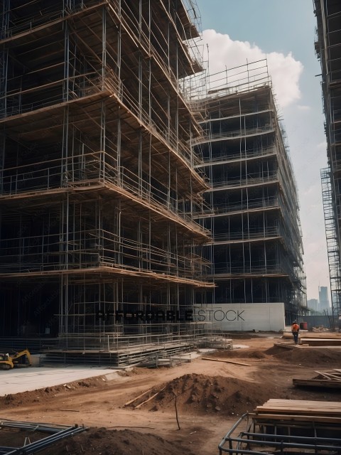 A construction site with a large building under construction