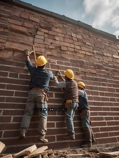 Three men working on a brick wall