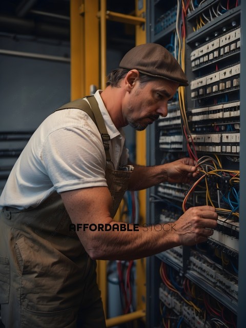 A man in overalls and suspenders works on a complex electrical system