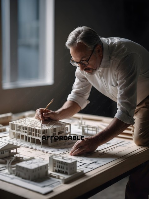 Man working on a model of a building
