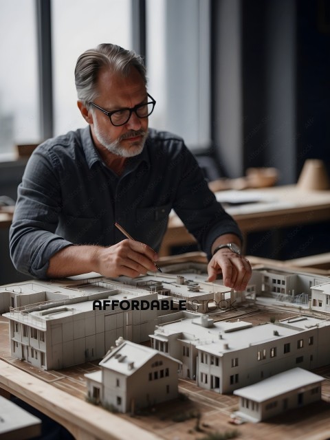 Man in a gray shirt drawing a model of a building